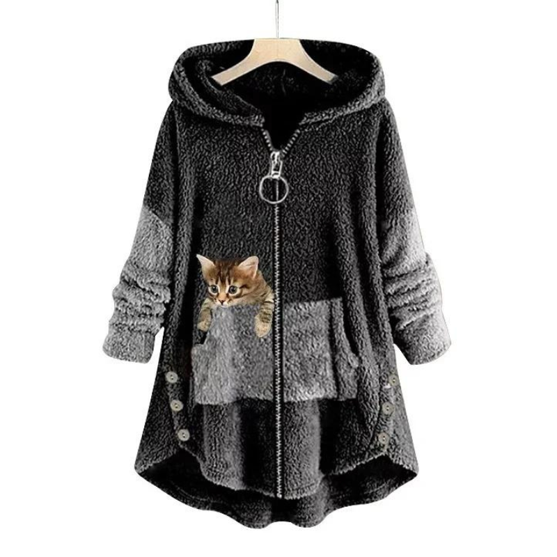 SANDRA™ | CHAQUETA CON CAPUCHA DE FELPA SUAVE CON LINDO ESTAMPADO DE GATO